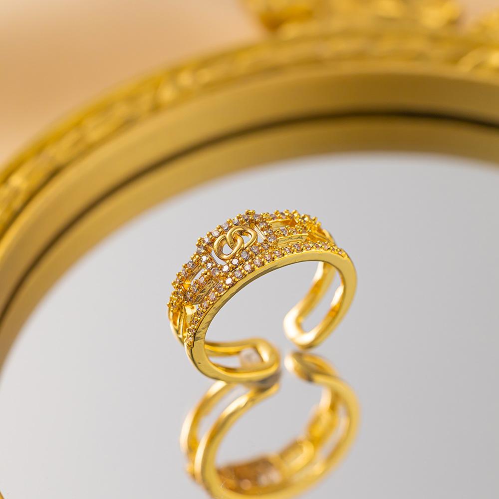 Exquisite super flash zircon ring for girls, light luxury, high-end sense opening adjustable ring, simple real gold electroplating