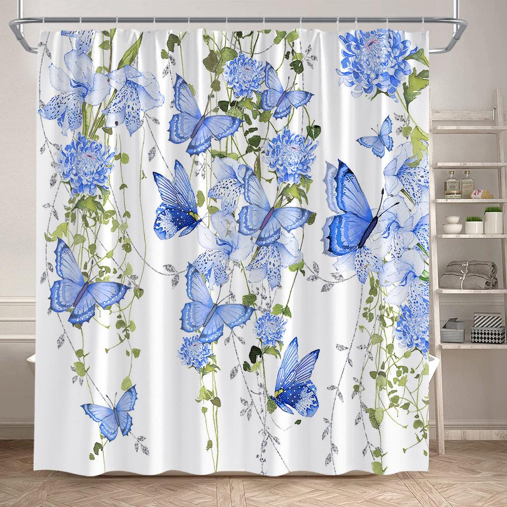 Floral Butterflies Shower Curtains Pink Blue Rustic Flowers Butterfly Plant Polyester Fabric Home Bathroom Curtain Bathtub Decor