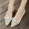 New Crown Pearl Soft Flats Wedding Shoes Pointed Toe Women Dress Moccasins Low Pearl Heel Ladies Fashion Luxury Plus Size 43