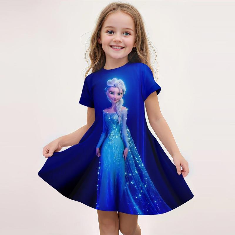Disney Summer Hot Girl Short Sleeved Skirt Ice and Snow Romance Print 3D Printed Cartoon Pattern Elsa Princess Skirt