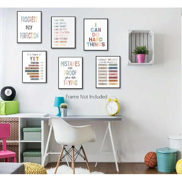 6Pcs Educational Growth Mindset Wall Art Kids Mental Health Therapy Canvas Paintings Positive Affirmations Wall Decor Boho Motivational Quotes