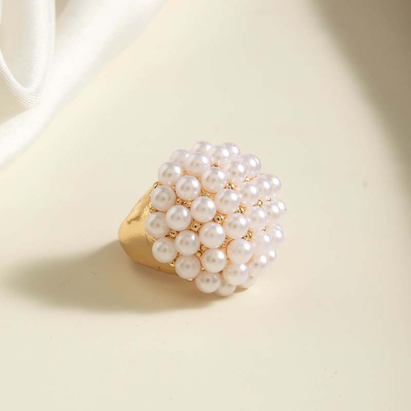 Vintage Gold Color Imitation Pearl Flower Open Rings For Women Exaggerated Metal Irregular Geometric Finger Rings Jewelry