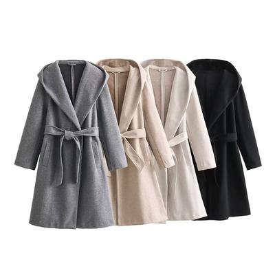 Automne Nouveau Manteau Laineux à Capuche Rétro Street Style Tendance pour Femmes avec Ceinture Cardigan Long
