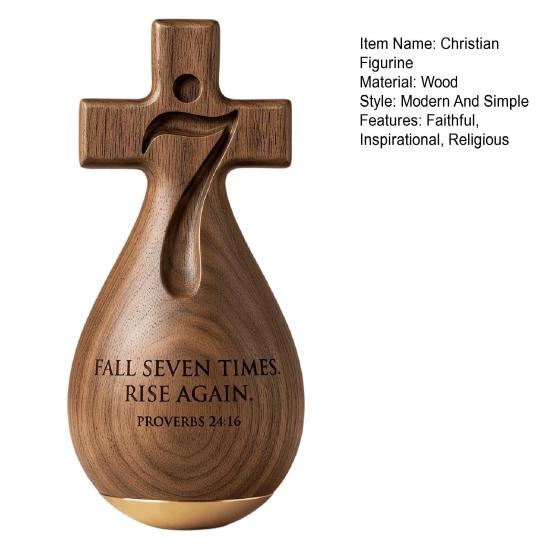 Wood Faithful Tabletop Ornament Christian Inspirational Figurine Fall Seven Times Rise Again Desktop Decoration Religious Gift for Home Church Office