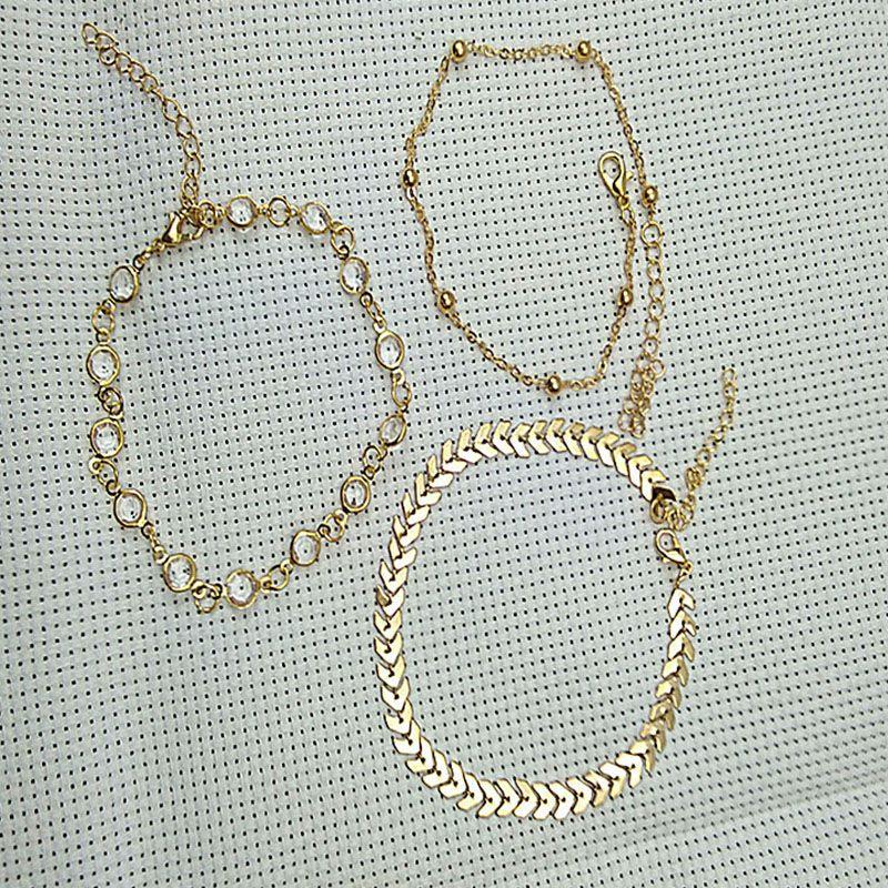 3pcsset Summer Beach Fashion Fishbone Chain Crystal Zircon Beads Chain Anklet