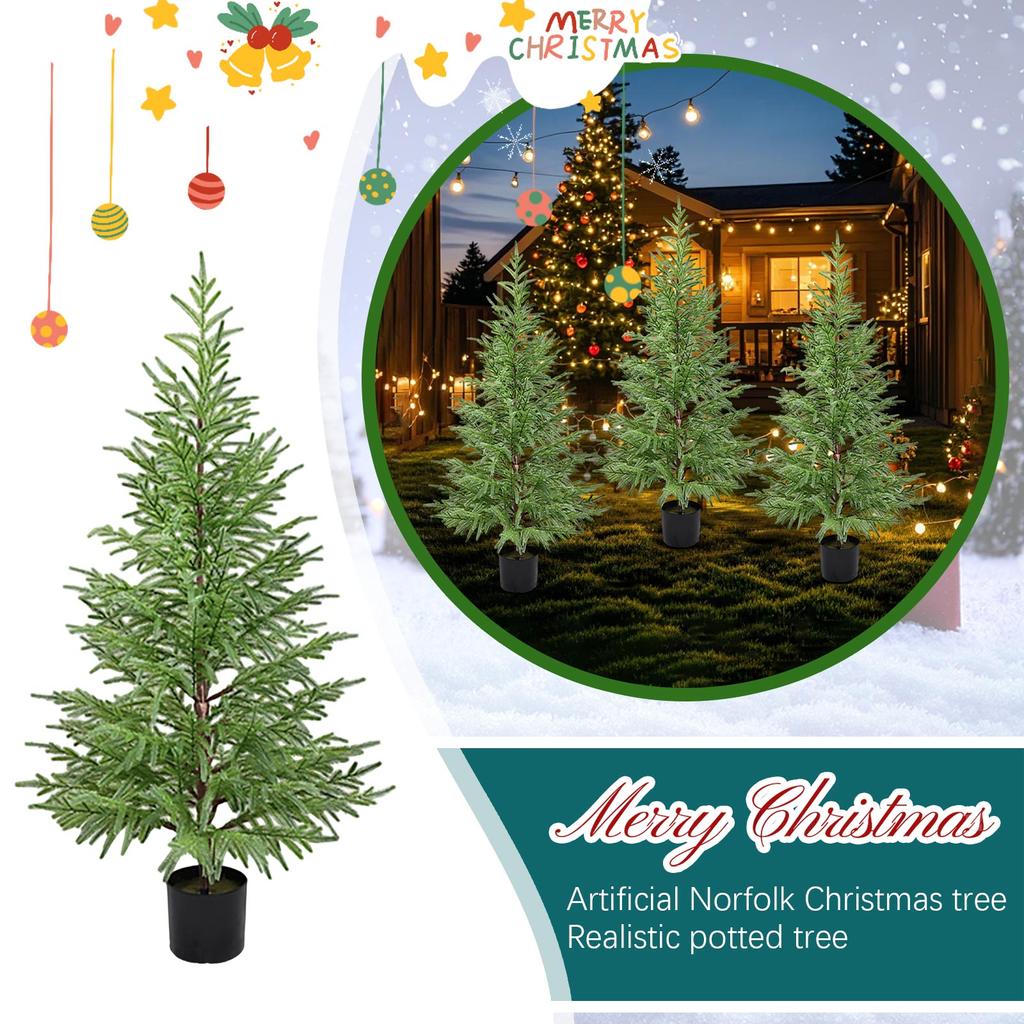 4' Pre-Assembled Artificial Norfolk Christmas Tree - Realistic Potted Tree With LED Lights