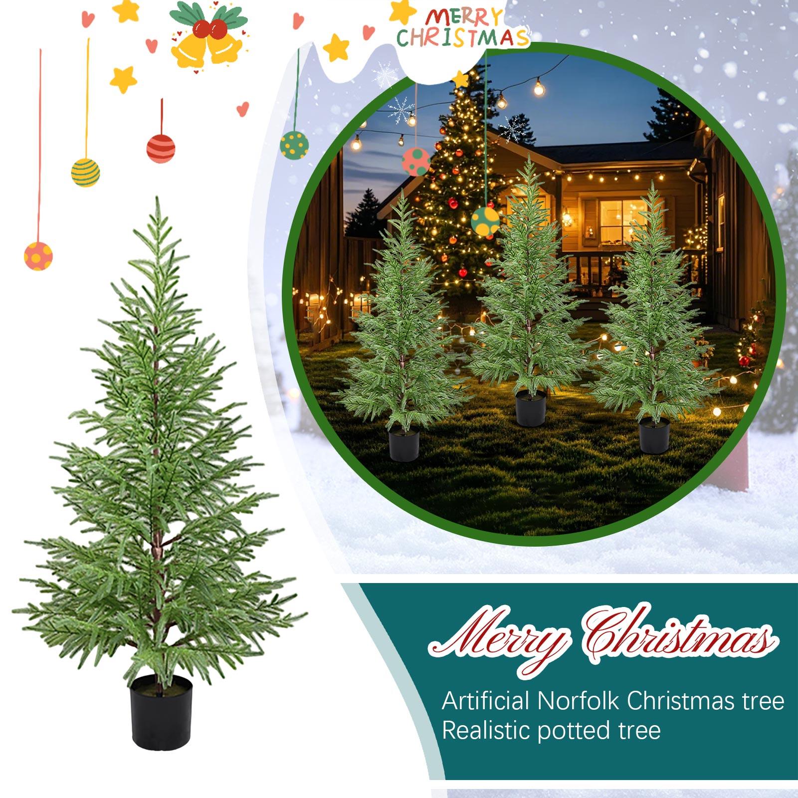 

4 Pre-Assembled Artificial Norfolk Christmas Tree - Realistic Potted Tree With LED Lights One Size