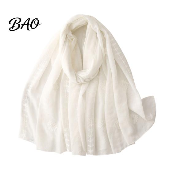 Lightweight Gauze Scarf Solid Color Embroidered Shawl for Women, Soft with Floral Oriental Style Vine Texture, 180x90cm Breathable Wrap Spring Summer