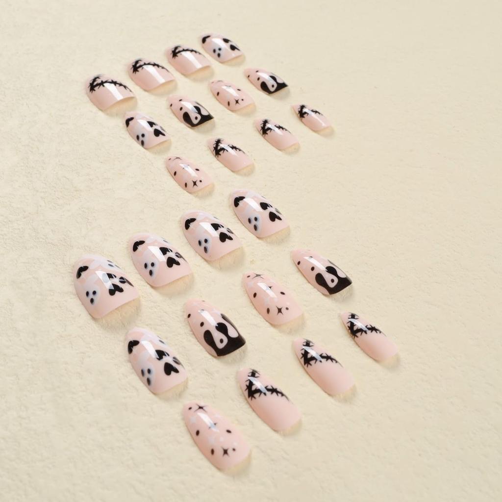 Halloween Short Press on Nails Almond Fake Nails with Ghost Starburst Blood Design Glue on Nails Glossy Acrylic Artificial Nails Full Cover Stick on
