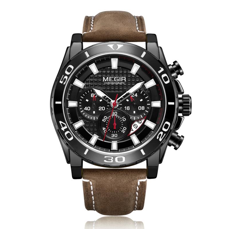 Men's Chronograph Quartz Sport Watch Waterproof Wristwatch with Leather Strap Rotating Bezel Alloy Case and Date Window