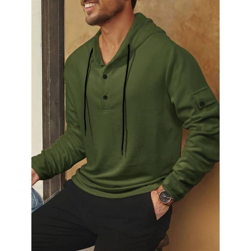 Men's Sports Fitness Hooded Long-sleeved Sweatshirt Spring and Autumn Waffle Solid Color Versatile Pullover