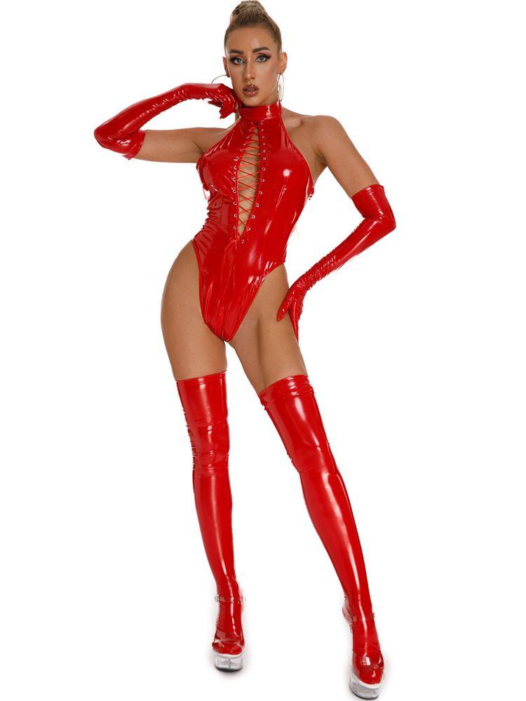 Halter Sleeveless Wet Look Pvc Catsuit Zipper Open Crotch Bodysuit Bandage Hollow Out Bust Swimsuit Tights Hot Sexy Body Teddies