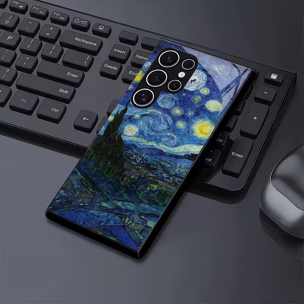Oil Painting Starry Sky Tempered Glass Phone Case Suitable for Samsung Galaxy S26 S25 S24 S23 S22 S20 FE/Ultra/Plus Anti Drop