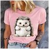 Women's Polyester 100%  interesting hedgehog Print T-shirt Loose round Neck Casual Short Sleeve Fashion Top  Clothing Summer