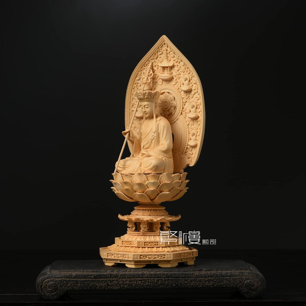 Jizo Bodhisattva Buddhist Statue, Wood Carving, Hinoki Cypress, for Child Rearing and Water Lily Memorial Service, Hanro Art Carving (30.5cm H X