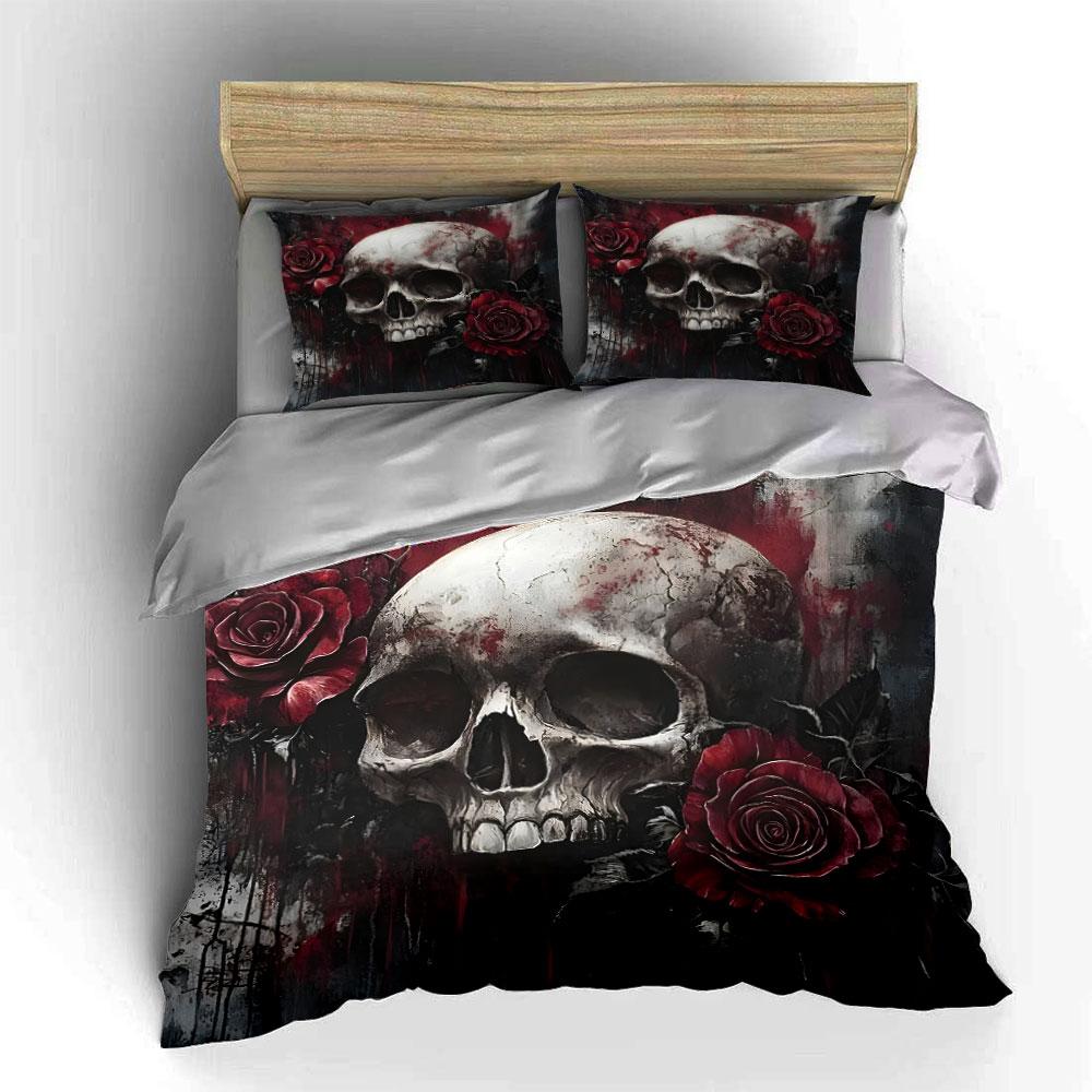 Skull with Red Roses Design Bedding Duvet Cover Set (1*Duvet Cover 2*Pillowcases, without duvet insert)