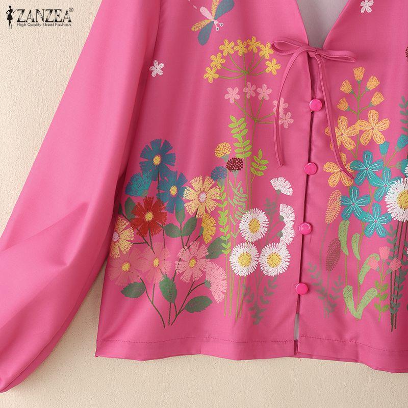 ZANZEA Women Casual V-Neck Floral Print Loose Long Sleeve Blouse