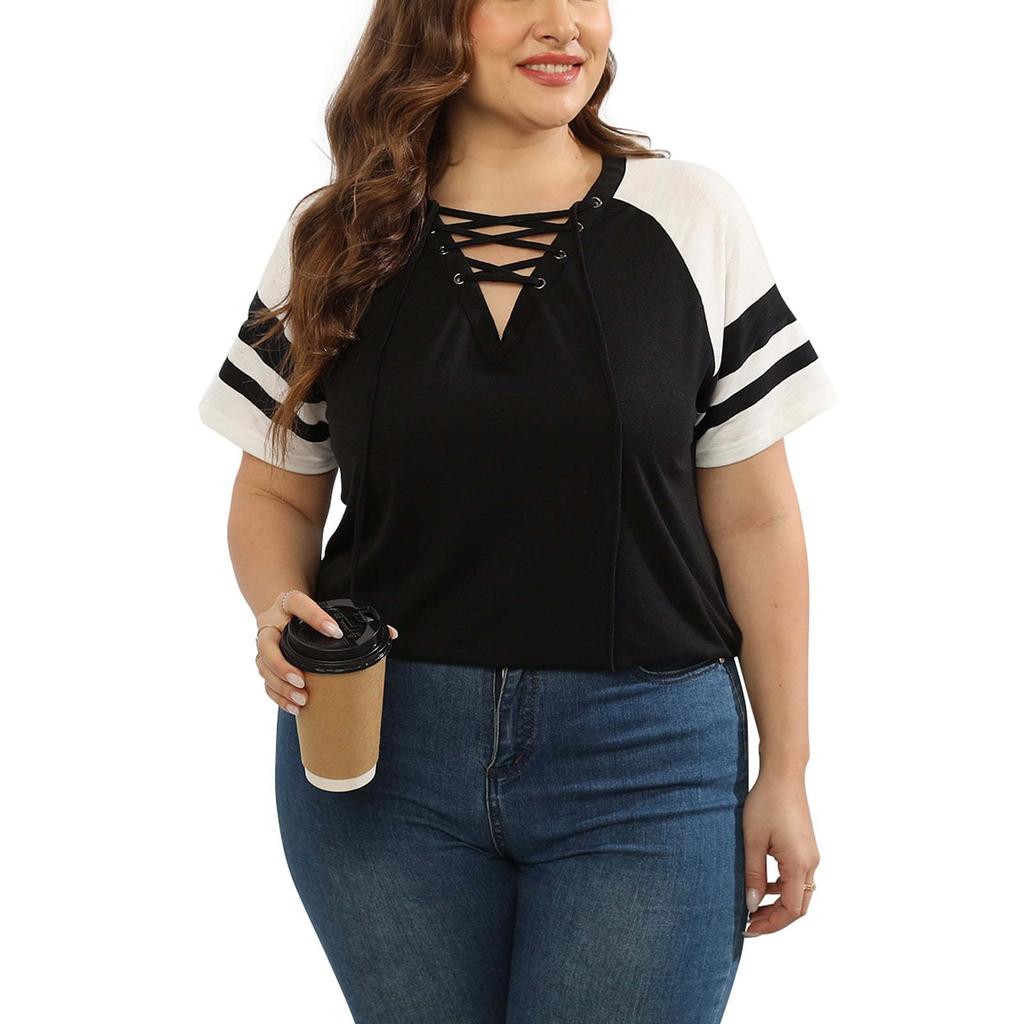 Damen Plus Size Sommer Kurzarm V-Ausschnitt Seil Patchwork Farbe T-Shirt
