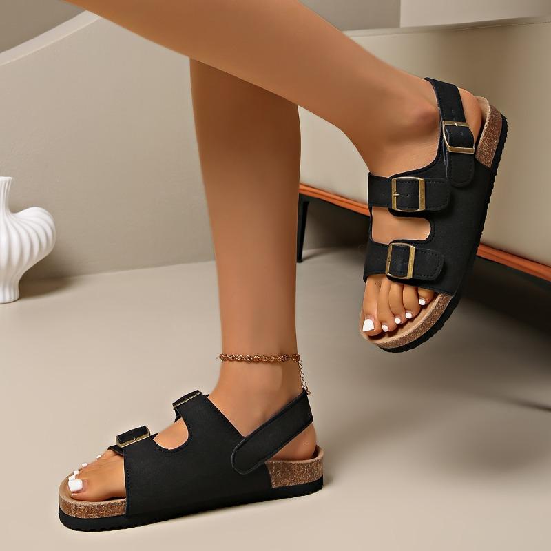 

Женская обувь 2025 Бренд Босоножки женские с открытым носком Модные с ремешком и пряжкой Повседневные Летние Новые Большого размера Удобные Плоские сандалииzapatos 35 чёрный