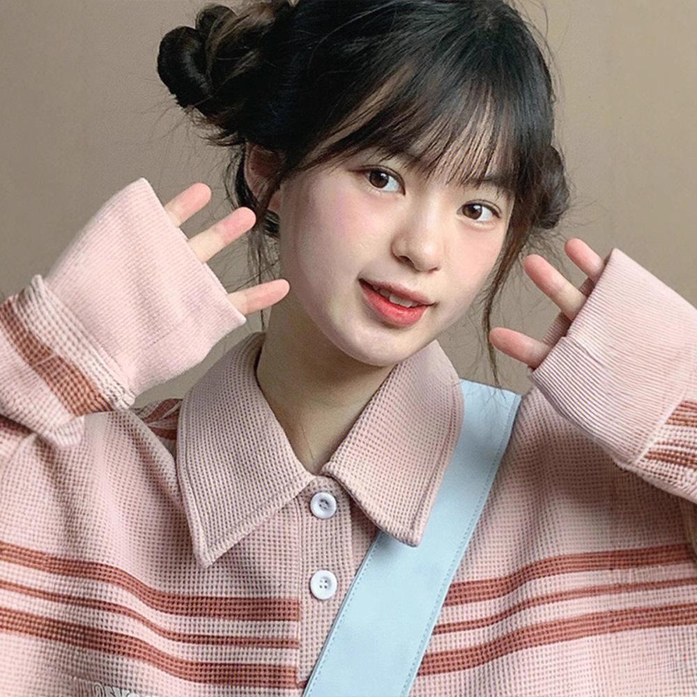Women's Retro Waffle Polo Collar Sweatshirt - Autumn/Spring Loose Fit College Style Pullover, Small Size
