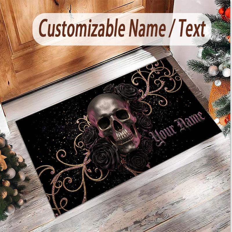 Tappeto Morbido in Velluto di Cristallo Tema Gotico Teschio Stampa Personalizzata Nome e Testo Tappeto Antiscivolo per Camera da Letto Soggiorno