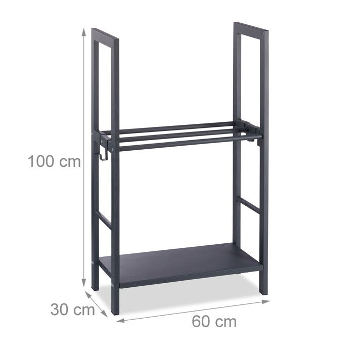 Relaxdays Fireplace Shelf 100x60x30 Cm Log Shelf 2 Tiers Wood Log Holder Log Storage 4 Hooks, Anthracite