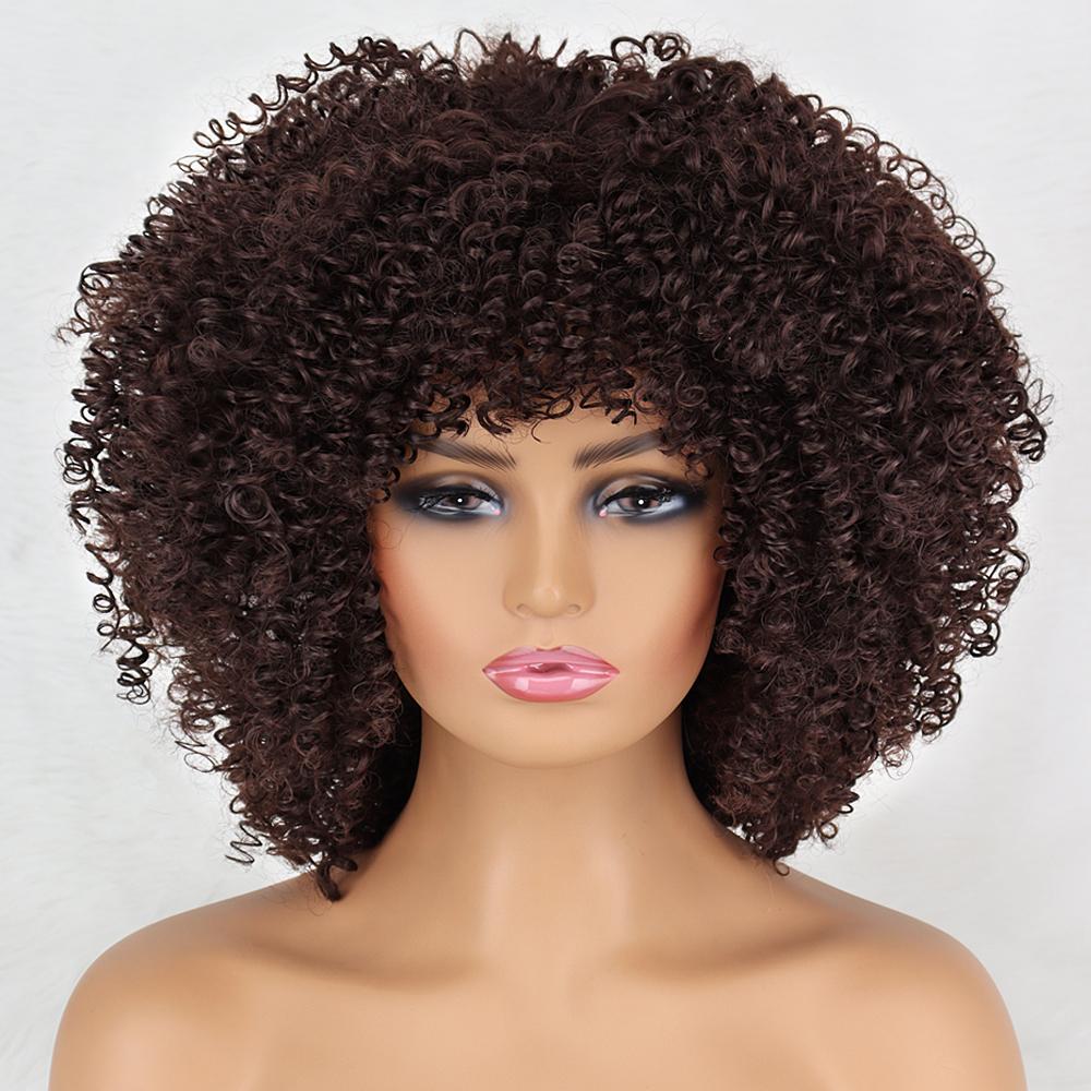 MISS WIG Kurze, lockige, synthetische, hitzebeständige Faser-Perücke, Schwarzbraun, mit Pony, Afro-Farbverlauf, Cosplay-Perücken