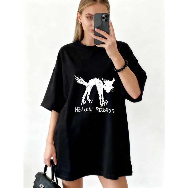 Oversized T-Shirt Black Hellcat Records Cat Graphic And Text Streetwear Casual Wear