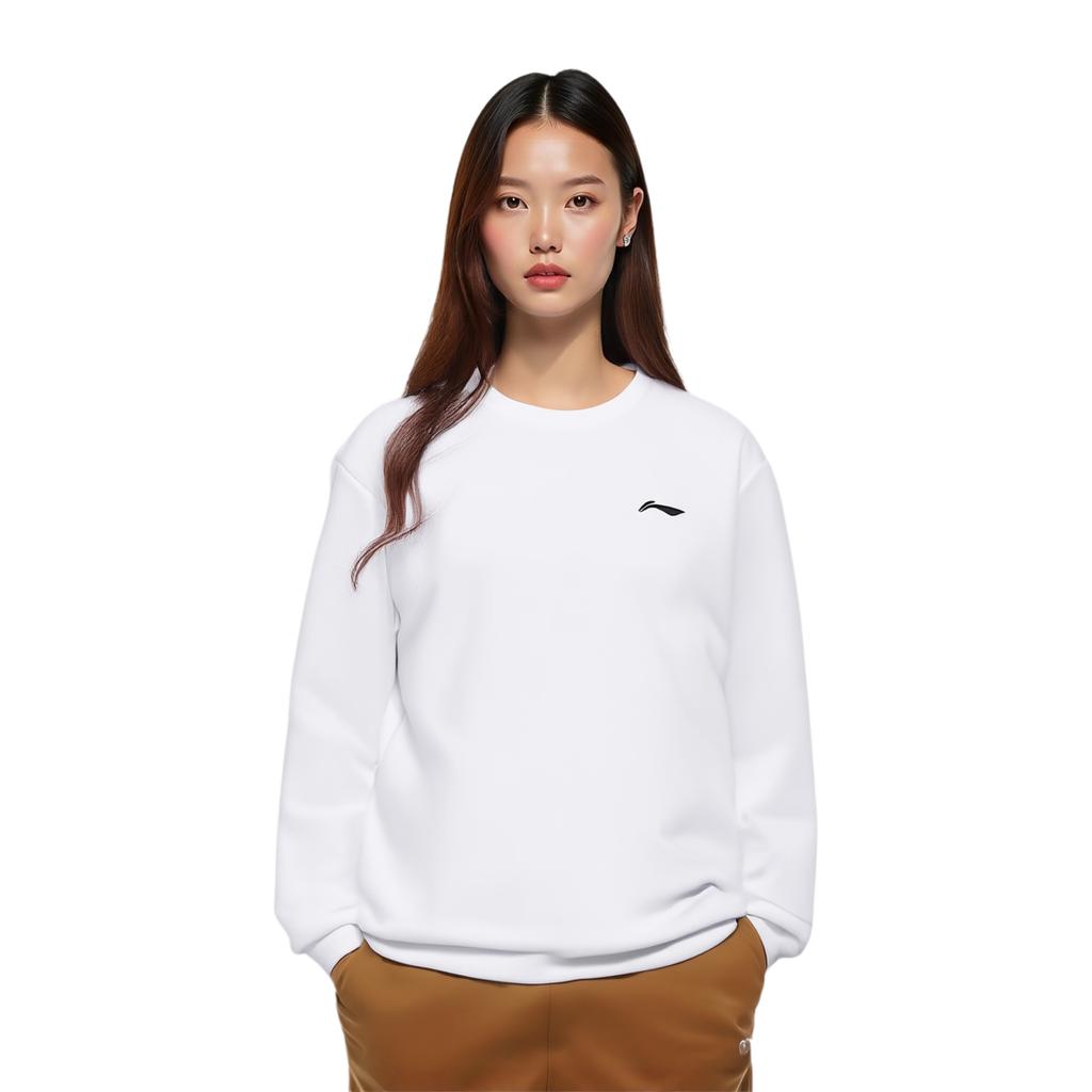 Li Ning Badminton Series Solid Color Logo Pullover Fleece Sweatshirt Unisex Sweatshirt White AWDTD83-2