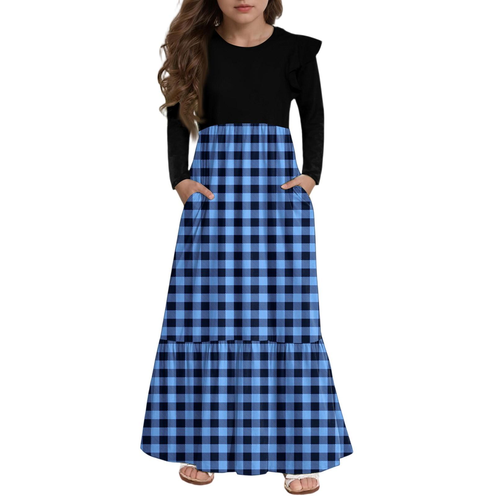 

Платье с многоярусными оборками для девочек - Макси с длинным рукавом и принтом, с карманами 160 синий