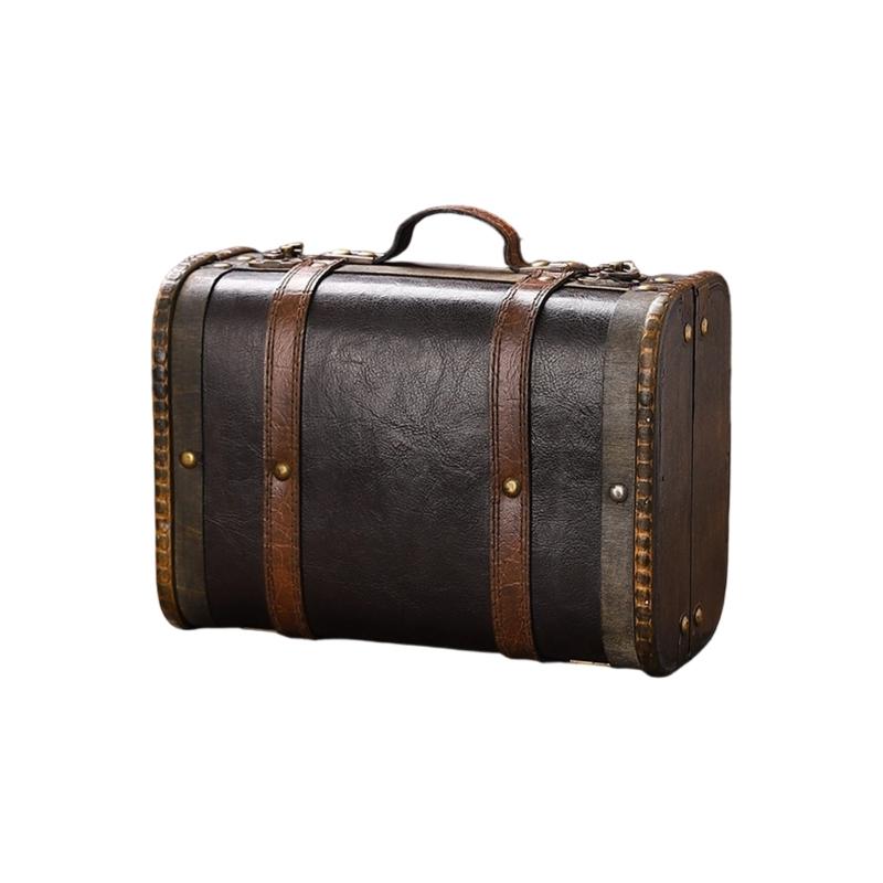 

Retro Wooden Suitcase Dust Resistant Leather Carry Handle Portable Organizers Wooden Organizers Box for Household Storage S