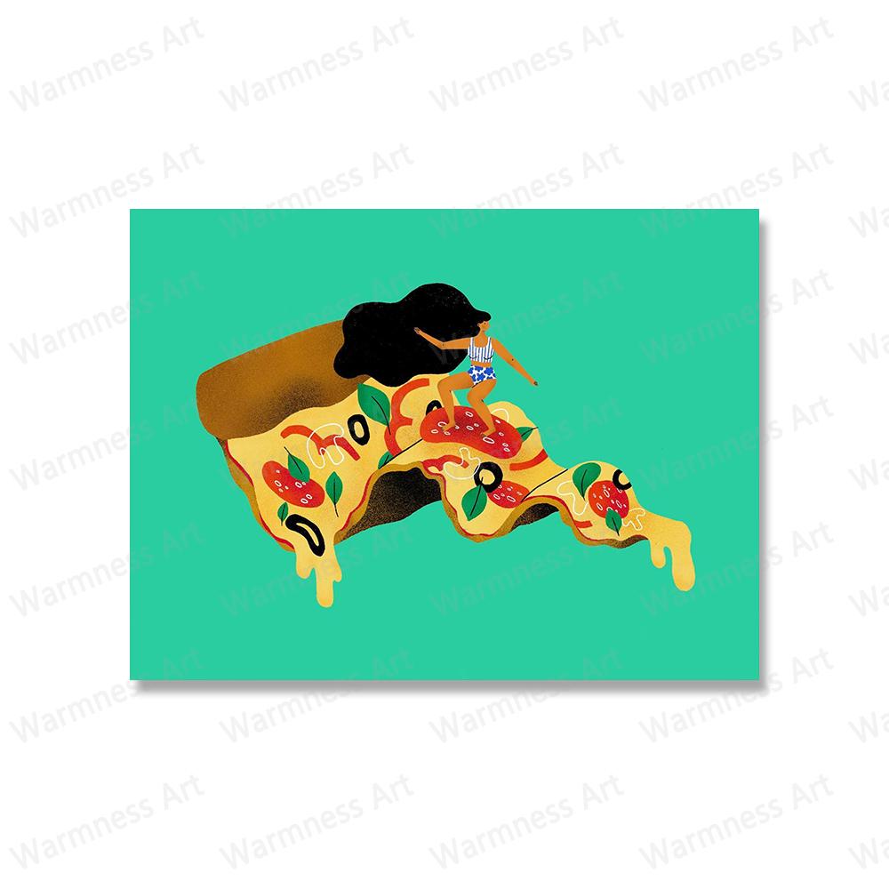 Nordic Girl With Food Posters Mojito Cocktail Canvas Painting Pizza Surfer Ice Cream Print Minimalist Picture Kitchen Home Decor