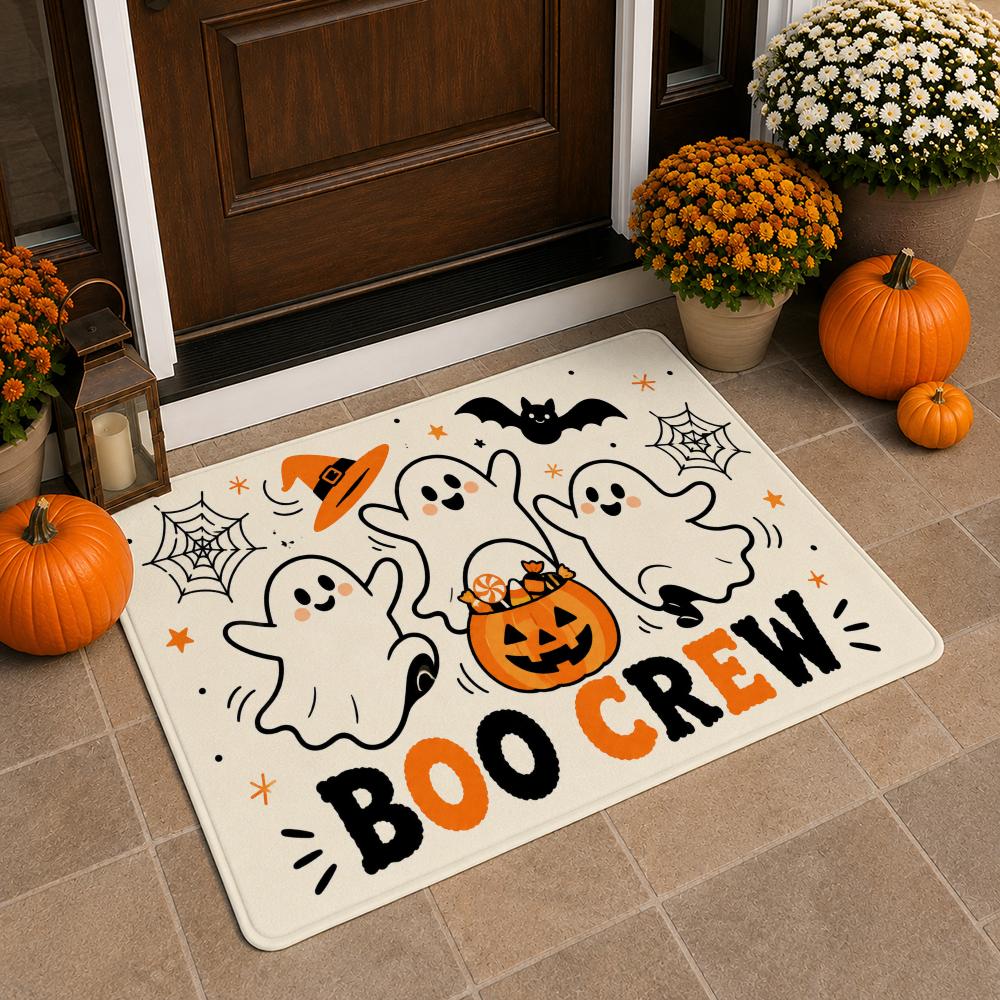 Cute Ghost Crew with Pumpkins in Kawaii Halloween Floor Mat Soft Flannel Non Slip Absorbent Entryway Bathroom Bedroom Garage
