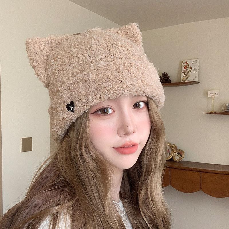 Hat for Women In Autumn and Winter Wool Rolls Love Embroidery Knitted Hat Warm Cute Ear Wool Hat Women Cold Hat