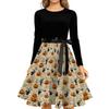 Women Casual Halloween Printed Round Neck Vintage Dress Long Sleeve Fit Flared Skirt Belted Waist Retro Style Dress for Autumn