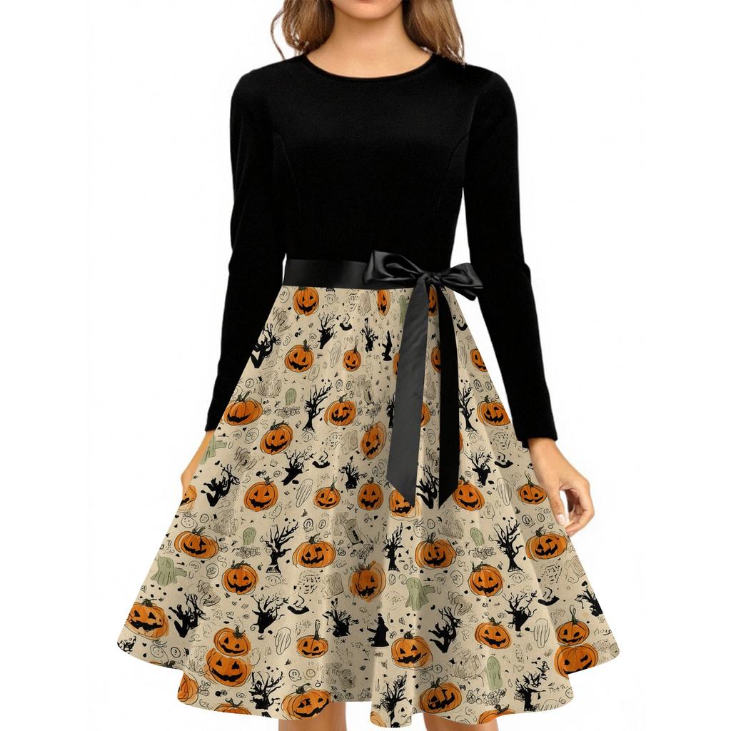 Women Casual Halloween Printed Round Neck Vintage Dress Long Sleeve Fit Flared Skirt Belted Waist Retro Style Dress for Autumn
