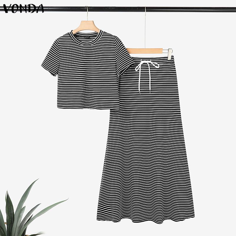 VONDA Two Pieces Women Sets Striped Short Sleeve Crop Tops and Long Skirts Outfits 