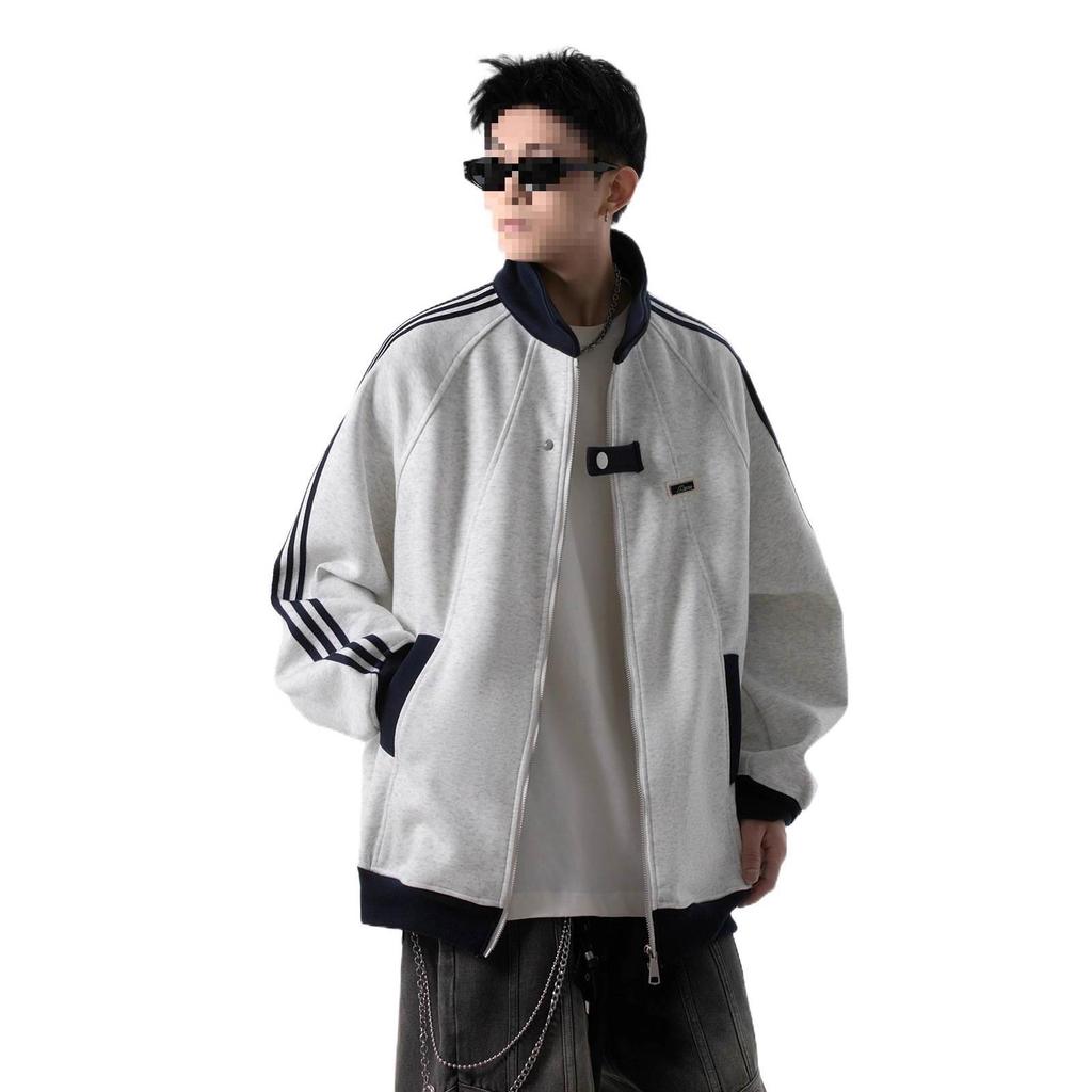 American Three-Stripes Unisex Heavyweight Baseball Jacket - Trendy Autumn/Winter Striped Patchwork Outerwear for Teens