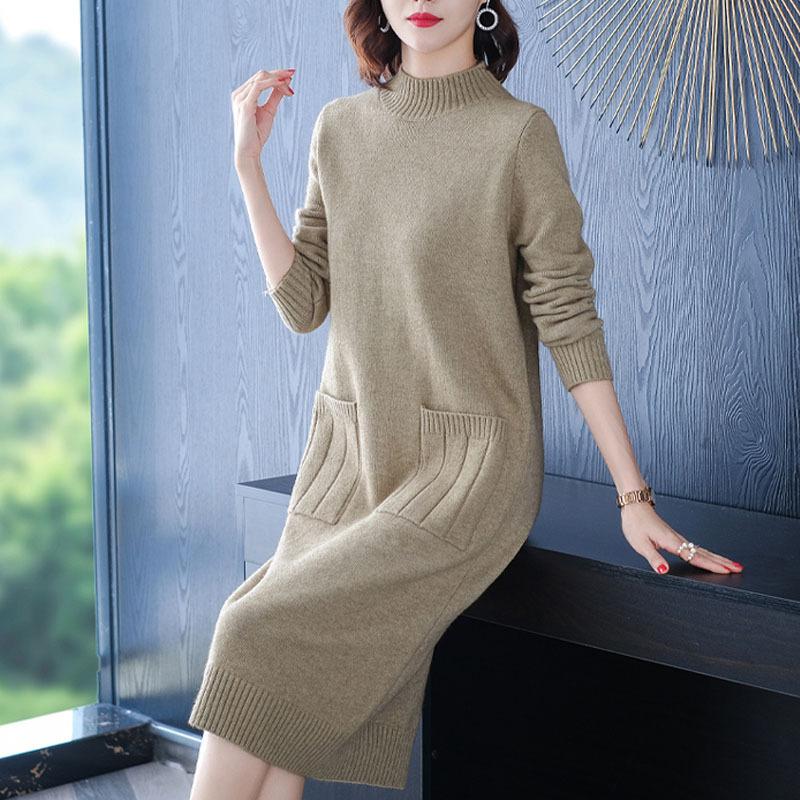 

Трикотажное платье средней длины для женщин, однотонный свитер с длинными рукавами выше колена, полувысокий ворот, ленивый стиль, платье-свитер, свободный трикотажный свитер XL хаки