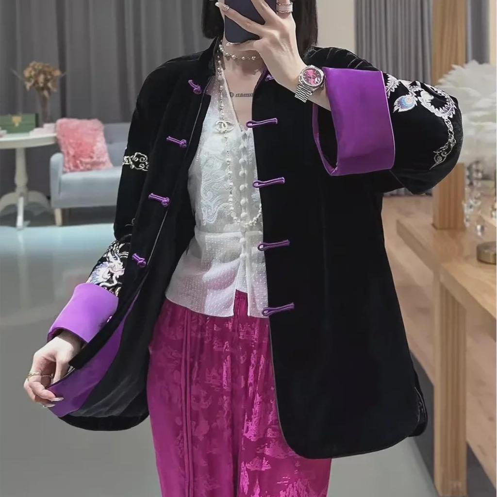 Women's Retro Dragon & Phoenix Embroidered Velvet Jacket - Warm, Quilted, Cotton-Padded for Autumn/Winter