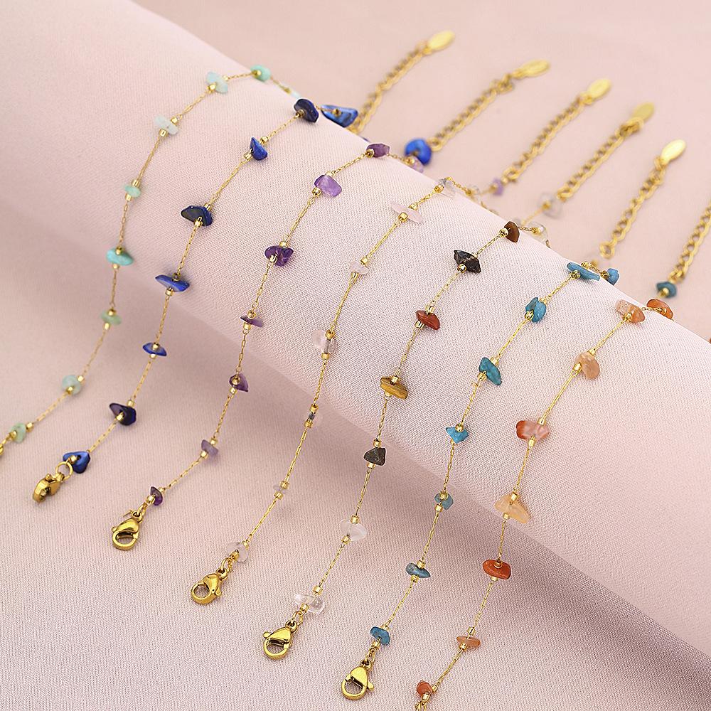 New Arrival Delicate Tarnish Free Titanium Steel Healing Rose Quartz Gravel Charm Thin Bracelet Summer Girl Crystal Jewelry