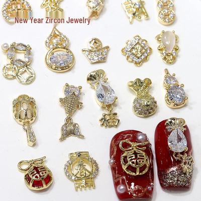 Sparkling New Year's Zirconia Nail Art: Wealth-Attracting Money Bag, Diamond Luxury Gourd, and Gold/Silver Nail Ornaments