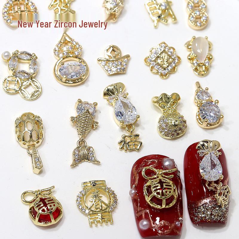 Nail Art Scintillante di Zirconia per Capodanno: Borsa del Denaro Attira-Ricchezza, Zucca di Lusso con Diamanti e Ornamenti per Unghie Oro/Argento