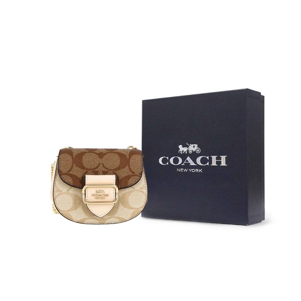 Coach Morgan 13 Gold Letter Logo Classic Monogram Flap Canvas And Leather Saddle Bag Women Shoulder Bag Khaki CJ541-IMU4V