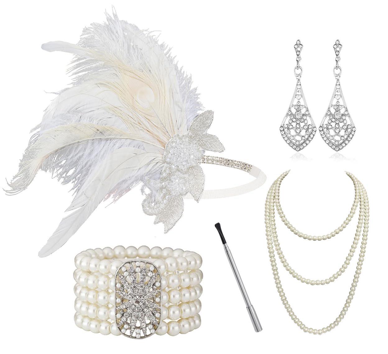 1920s Gatsby Headband & Jewelry Set: Multi-layer Bracelet, Pearl Necklace for Masquerade