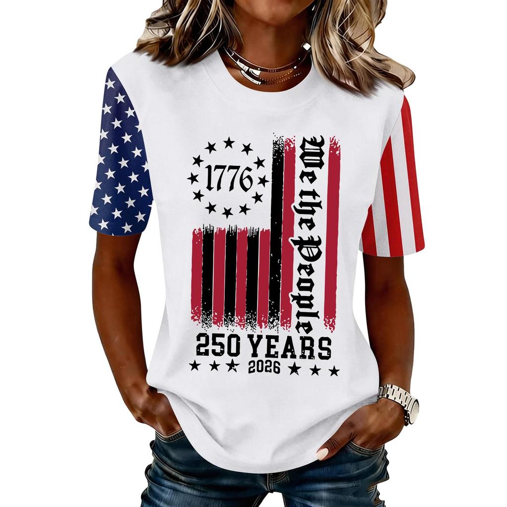 Blusa Feminina da Moda Casual de Manga Curta com Estampa e Gola Redonda