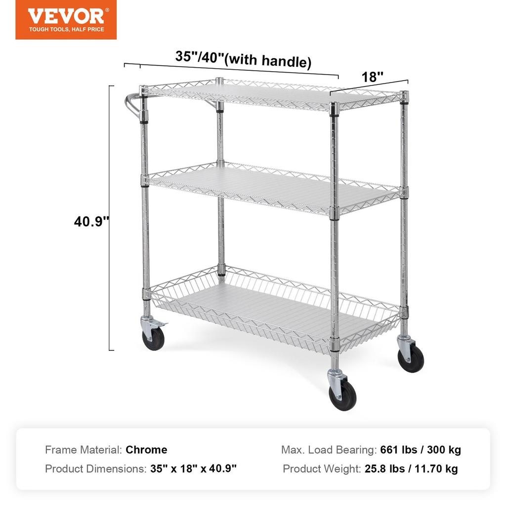 Kitchen Utility Cart, 3 Tiers, Wire Rolling Cart with 661LBS Capacity, Steel Service Cart on Wheels, Metal Storage Trolley with 80mm Basket Curved