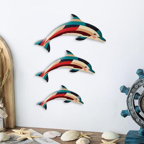 3Pcs/Set Wooden Geometric Dolphin Wall Decoration Coastal Nautical Home Office Living Room Wall Hanging Ornament Rustic Sea Animal Wall Art