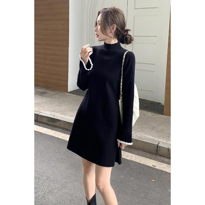 

Autumn new inner knitted dress women s small black dress medium and long bottom small sweater a-word sweater skirt One size fits all
