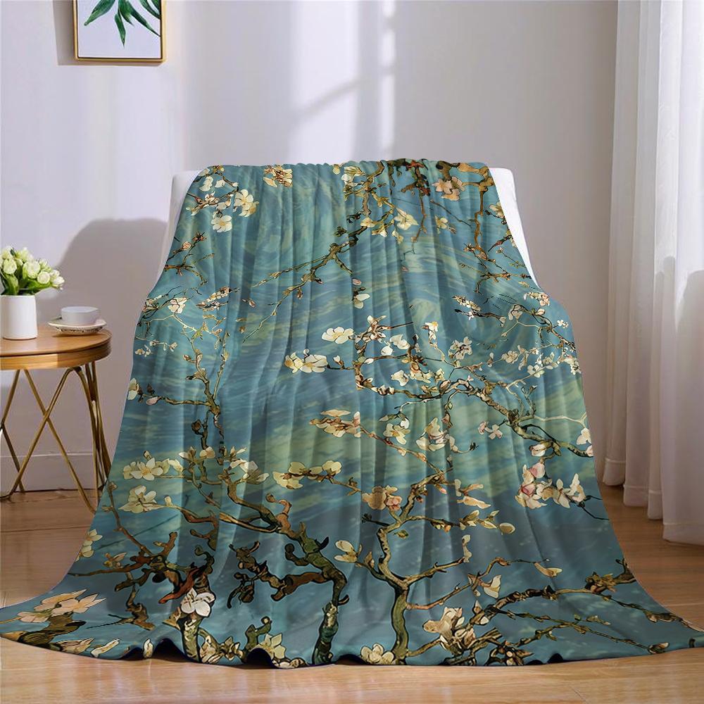 Van Gogh Mandelblüten Flanelldecke Warm Weich Halloween Weihnachten Sofa Warm Gemütlich Dekorative Deko Geschenk für Alle Jahreszeiten